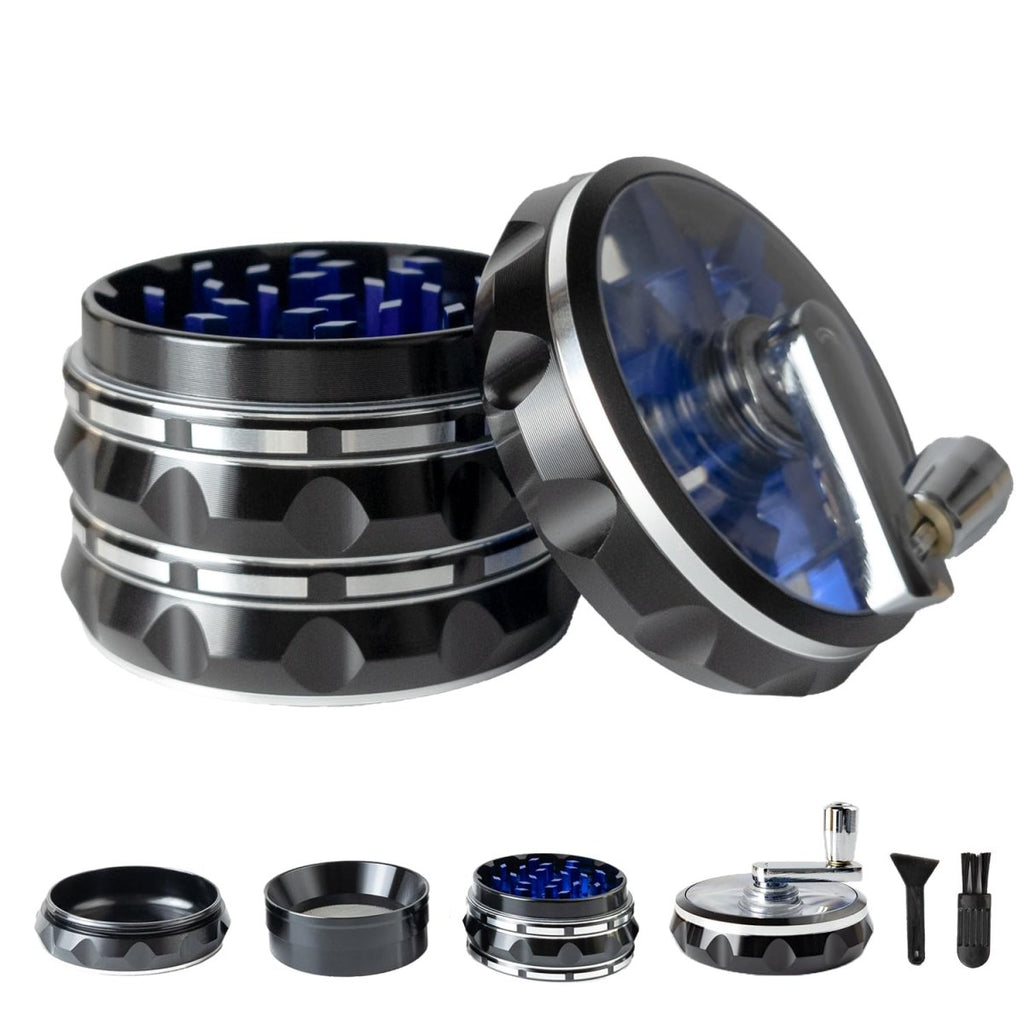 Clear Top Herb Grinder Metal Large 2.5'' Large 4-Part, Aluminum Alloy Spice Grinder with Foldable Handle,Pollen Scraper and Cleaning Brush (Black Blue)JustSmoke.Me