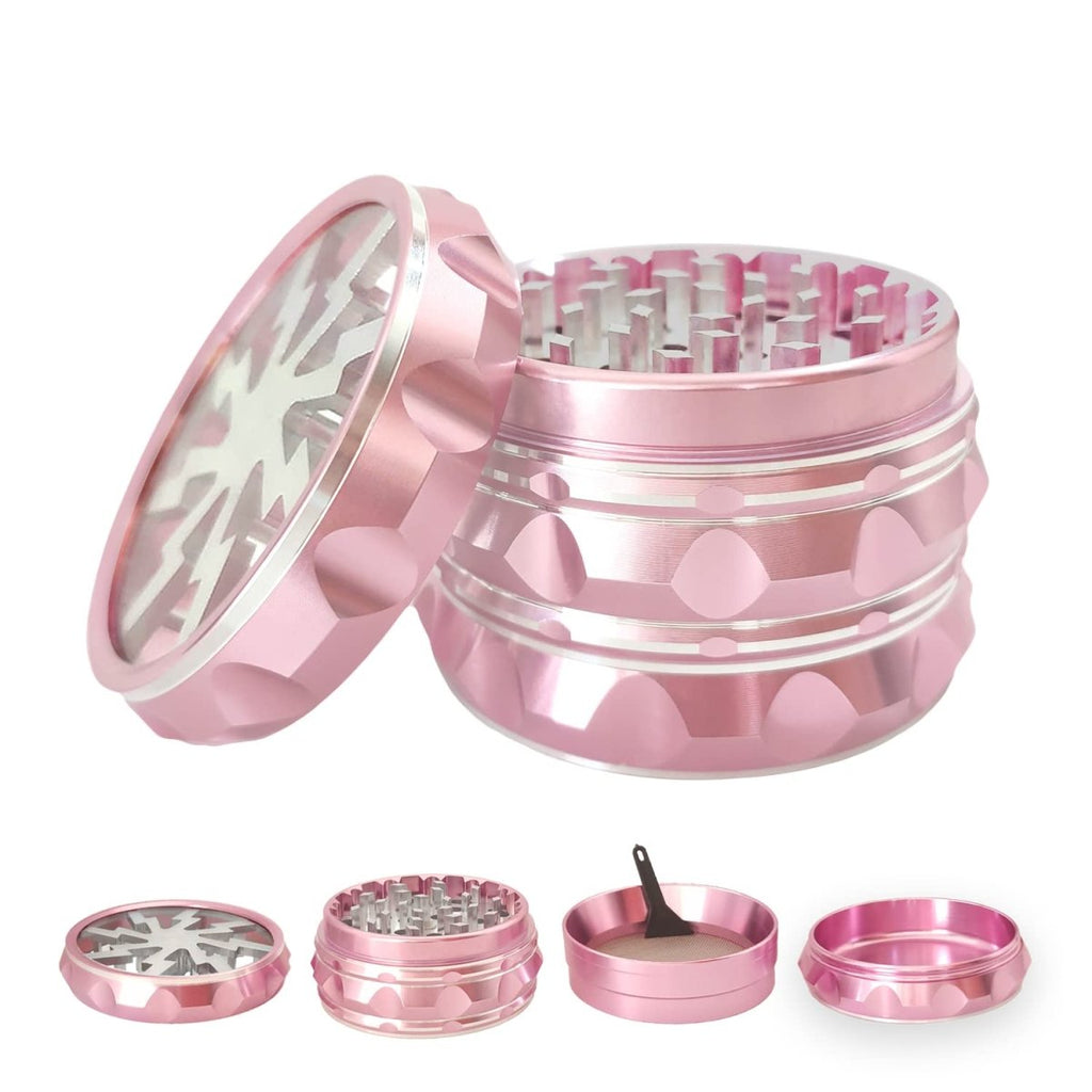 Clear Top Herb Grinder Metal Large 2.5'' Large 4-Part, Aluminum Alloy Spice Grinder with Pollen Catcher (Pink)JustSmoke.Me