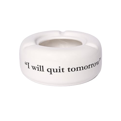 Fisura - White ashtray with message "I will qui tomorrow". Funny ashtray for cigarettes indoor. Portable ashtray made of ceramic. Dimensions: 10 x10 x4centimetersJustSmoke.Me