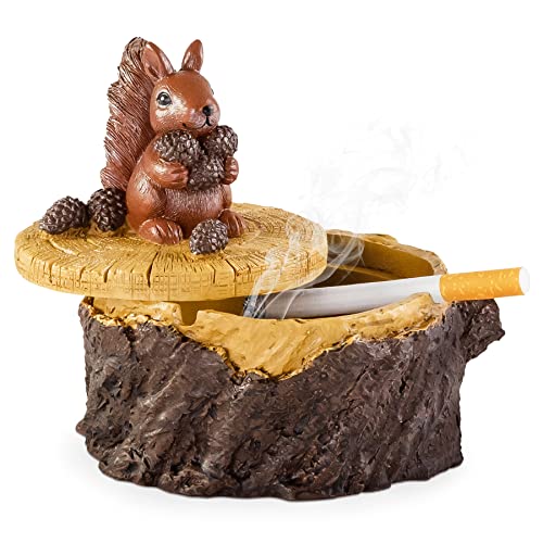 Grovind Outdoor Ashtrays for Cigarettes Cute Resin Squirrel Ashtray with Lid for Home and GardenJustSmoke.Me