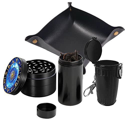 Herb Grinder Set, Spespo Spice Grinder Black Metal Zinc Alloy 4 Piece 2.0 inch(5cm) Constellation Pattern with Mini Ashtray and Sealed Jar and Leather Rolling Tray, Grinder Gift Set with PouchJustSmoke.Me