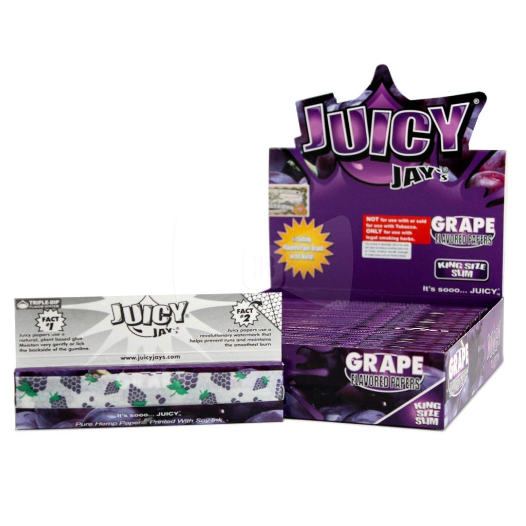 JUICY JAYS King Size Slim Rolling Paper Grape Flavored Full Box of 24JustSmoke.Me