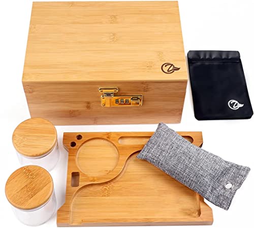 OZCHIN Bamboo Box with Combination Lock Large Lock Rolling Bamboo Box with Glass Jar, Tray(25 * 17.5 * 12.5cm)JustSmoke.Me