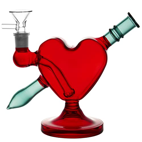 RORA 6inch Heart Shape Glass Bong Handmade Small Recycler Perc Glass Water Pipe for Gift with 14.5mm Bowl(Red)JustSmoke.Me