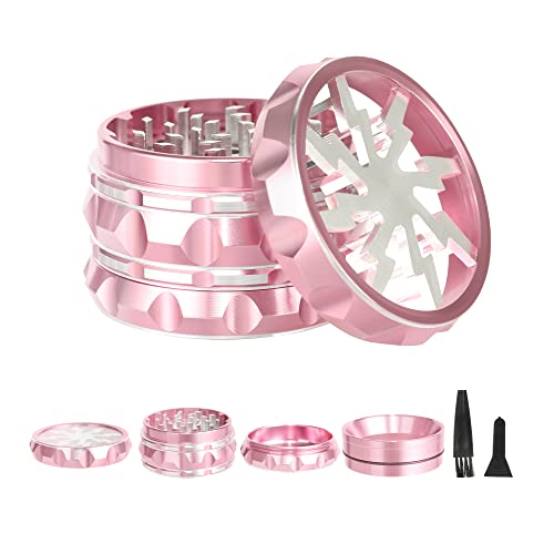 TIRIRS 2.5" 4 Pieces Clear Top Herb Grinder - Aluminium Spice Grinder with Pollen Scraper and Cleaning Brush - Pink Body with Silver Lightning on Top.JustSmoke.Me