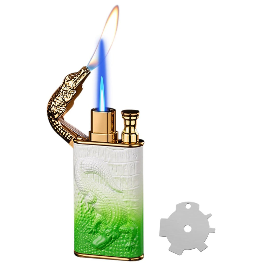 Torch Lighter, Relief Crocodile Magic Dual Flame Lighter, Jet Lighter, Windproof Lighter with Adjusting Flame Tool, Refillable Butane Lighter Gifts for Outdoor Indoor(Gas not Included)-Green WhiteJustSmoke.Me