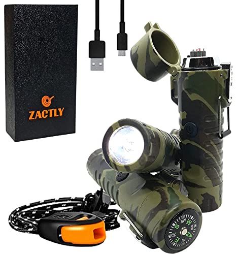 Zactly MODEL AL02 Electric Dual Arc USB Lighter Multifunction Waterproof Windproof Dustproof Rechargeable with Led Flashlight & Emergency Whistle, Camping & Outdoor Survival Tactical Tool (CAMOUFLAGE)JustSmoke.Me